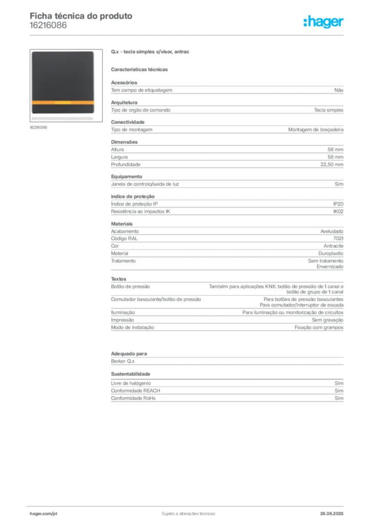 Imagem Hager Ficha técnica do produto 16216086 | Hager Portugal