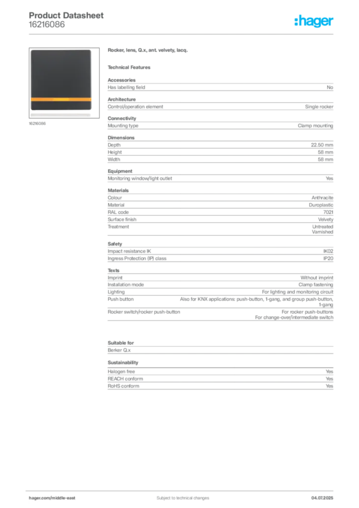 Image Hager Product data sheet 16216086  | Hager