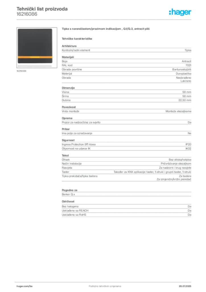 Slika Hager Product data sheet 16216086  | Hager