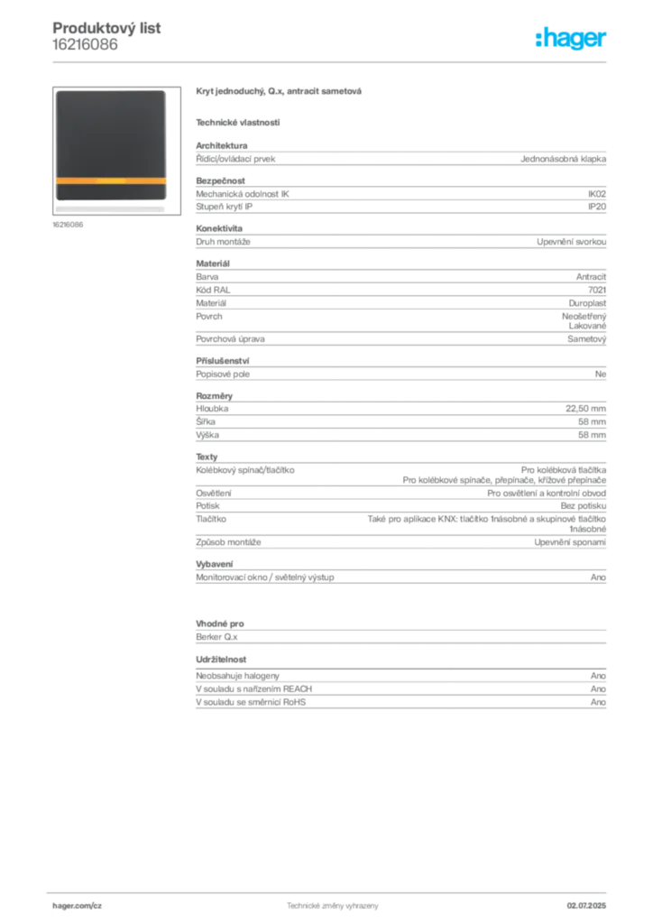 Obrázek Hager Produktový list 16216086 | Hager