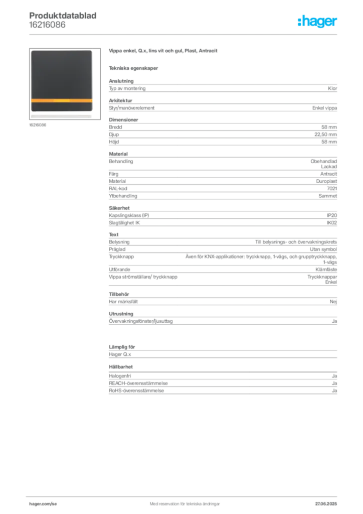 Bild Hager Produktdatablad 16216086 | Hager Sverige