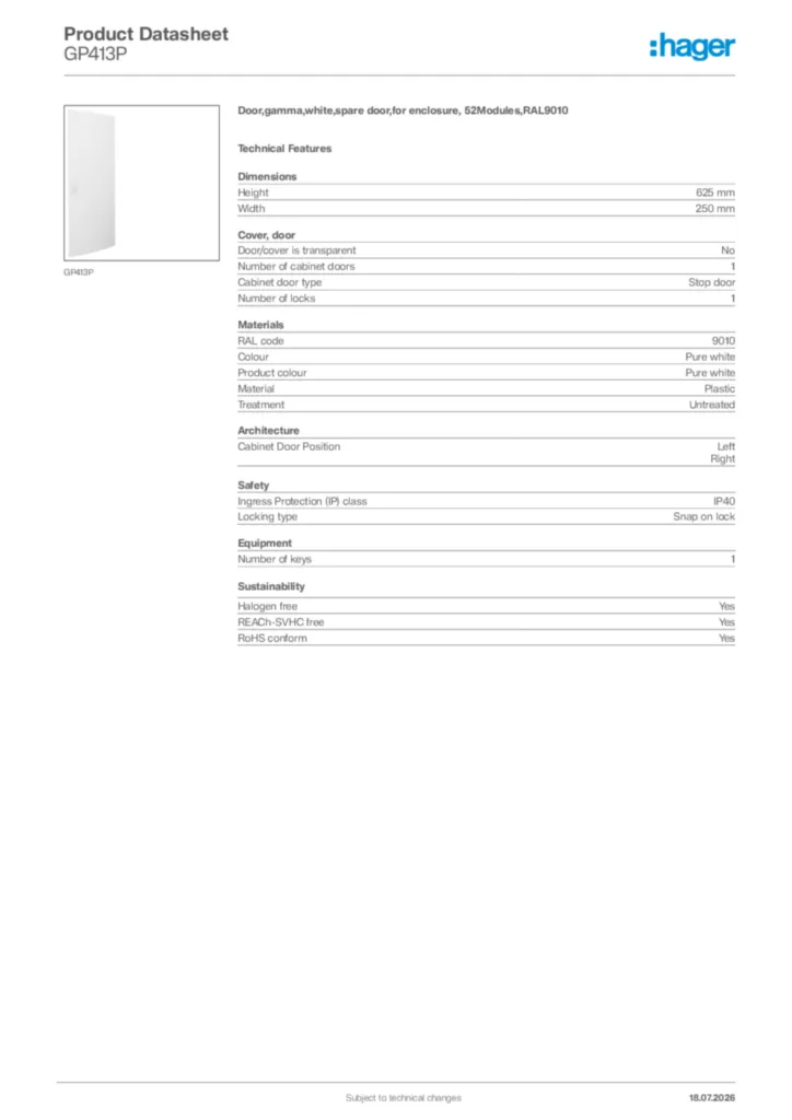 Image Hager Product data sheet GP413P  | Hager Africa