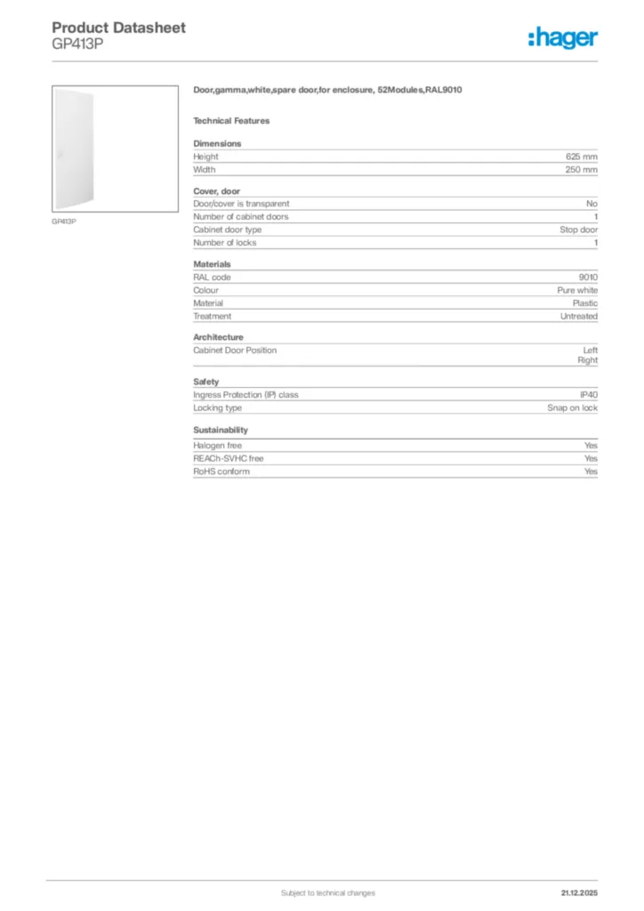 Image Hager Product data sheet GP413P  | Hager Africa