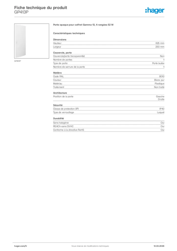 Image Hager Fiche technique du produit GP413P | Hager France