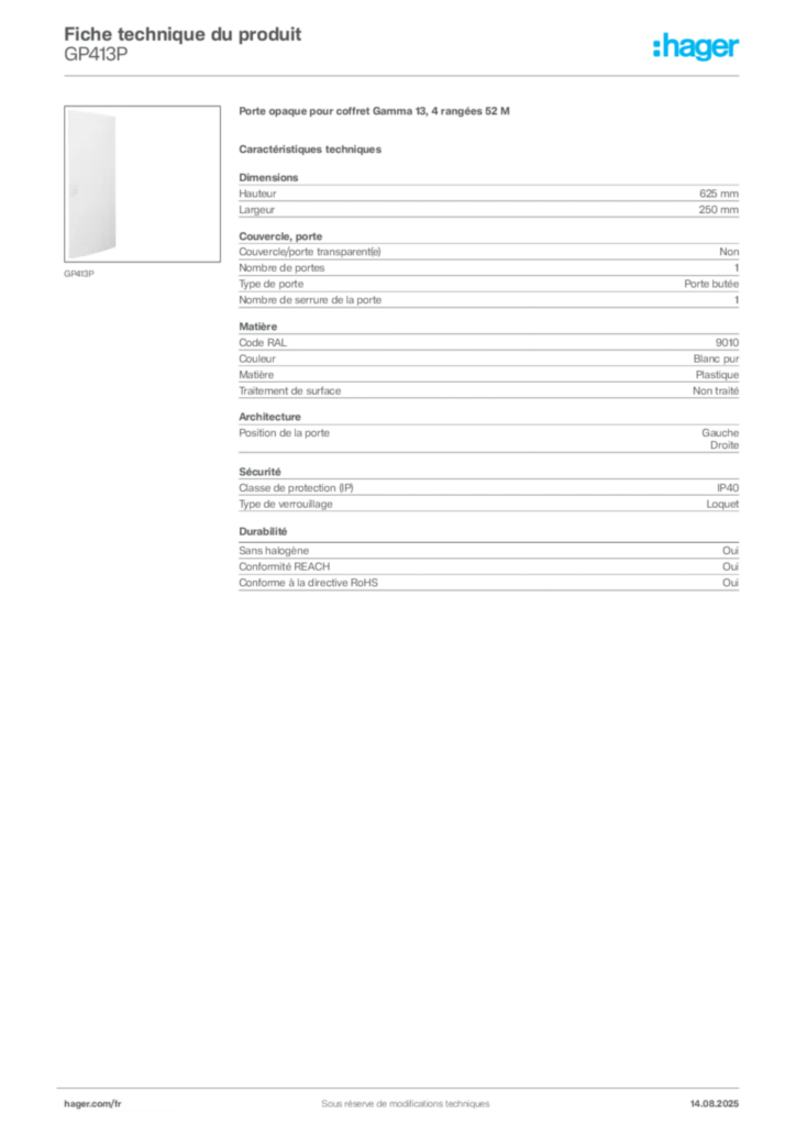 Image Hager Fiche technique du produit GP413P | Hager France