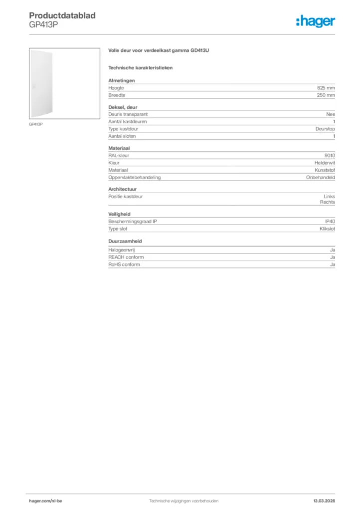 Afbeelding Hager Productdatablad GP413P | Hager Belgium