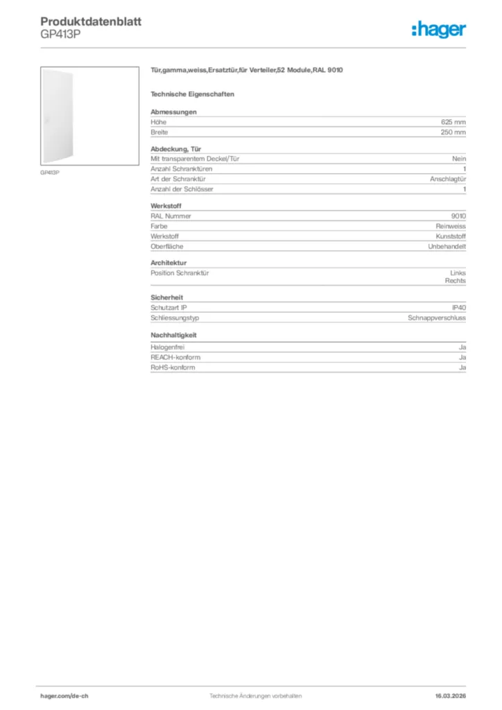 Bild Hager Produktdatenblatt GP413P | Hager Schweiz
