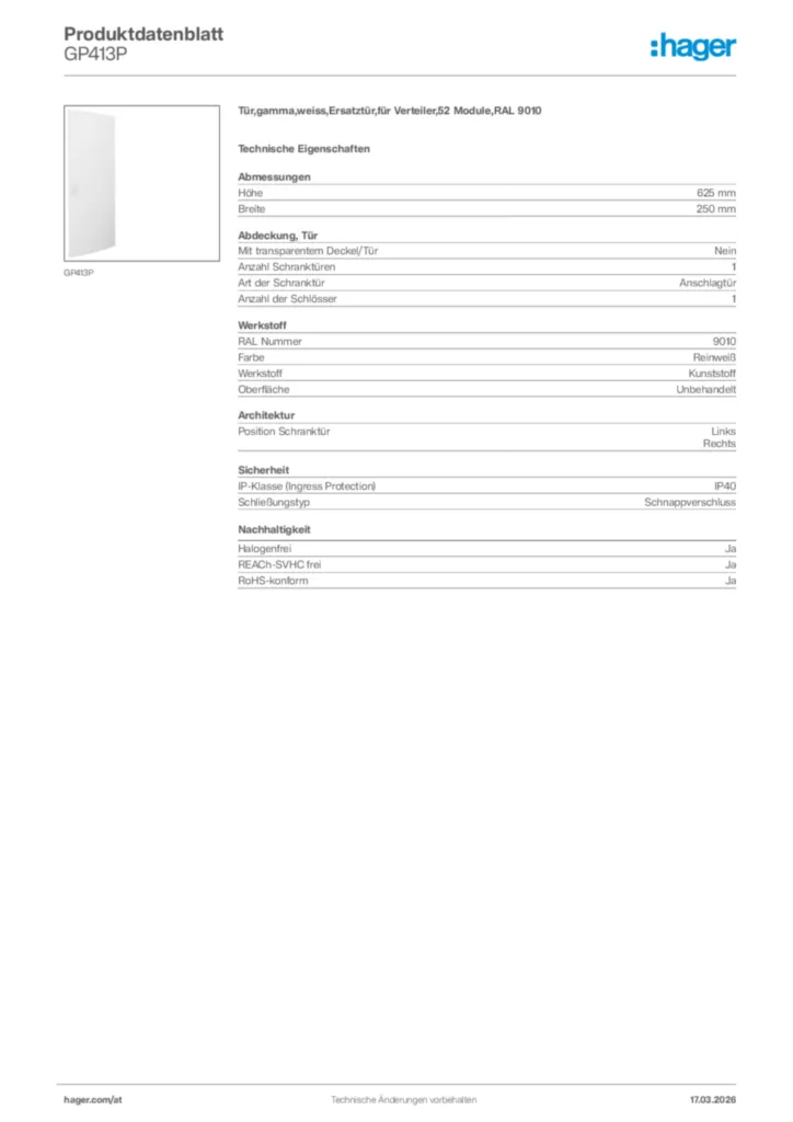 Bild Hager Produktdatenblatt GP413P | Hager Deutschland