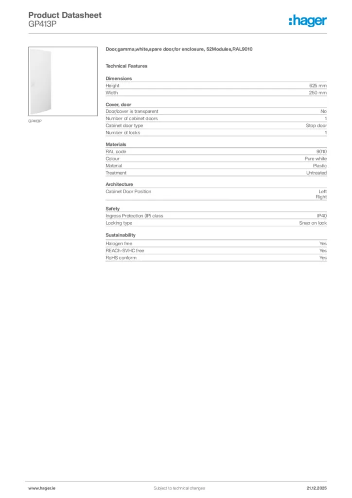 Image Hager Product data sheet GP413P  | Hager