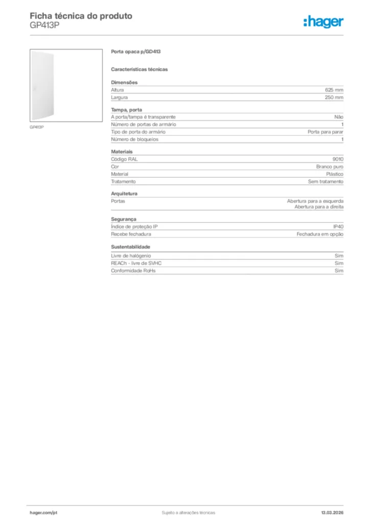 Imagem Hager Ficha técnica do produto GP413P | Hager Portugal