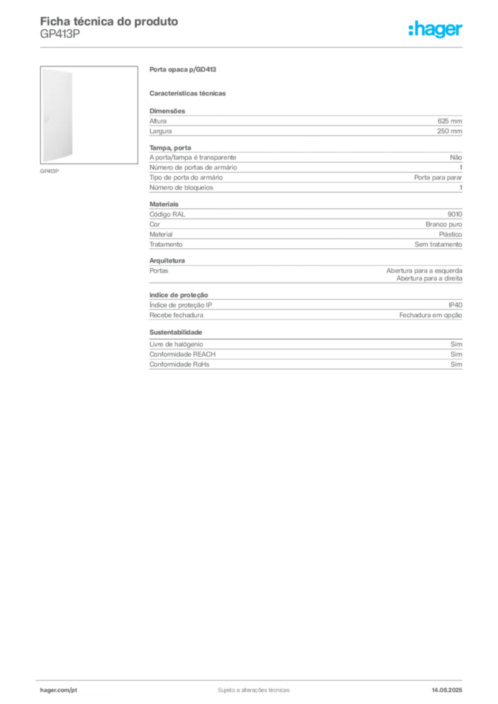 Imagem Hager Ficha técnica do produto GP413P | Hager Portugal