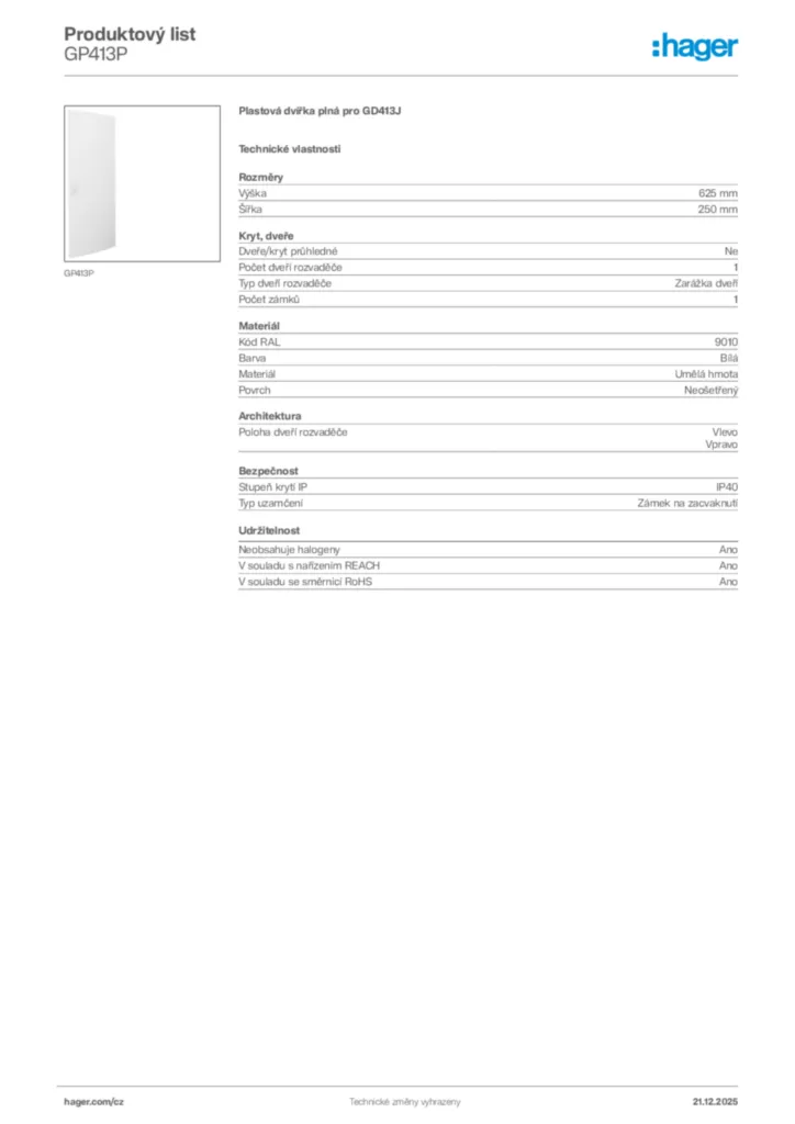 Obrázek Hager Produktový list GP413P | Hager