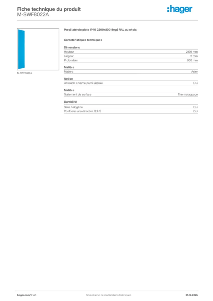 Image Hager Fiche technique du produit M-SWF8022A | Hager Suisse
