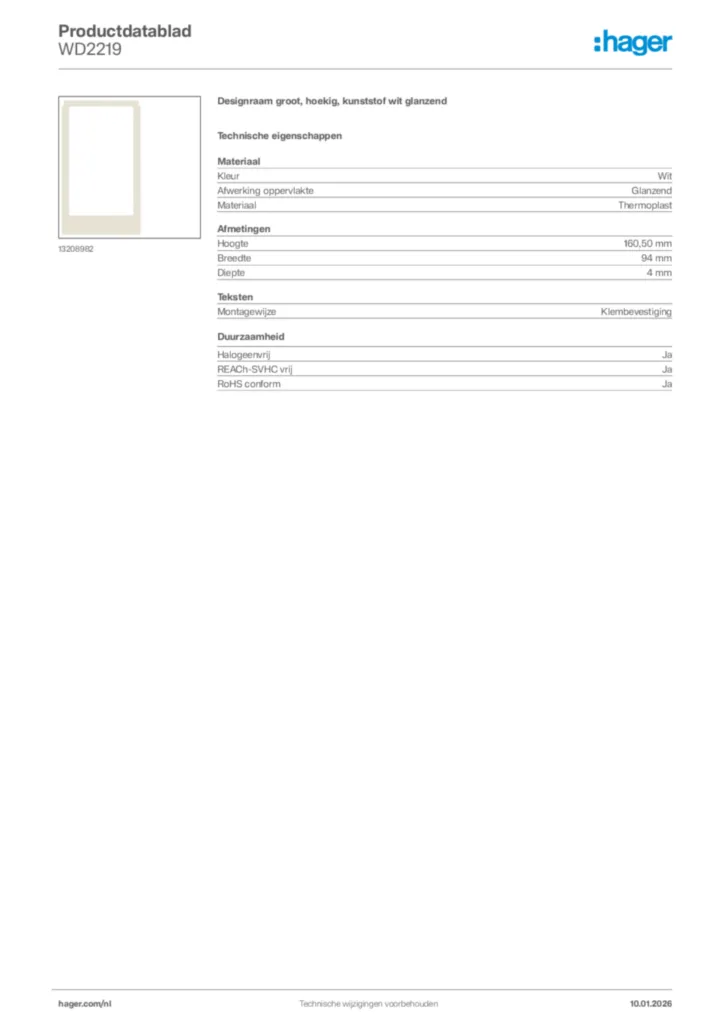 Afbeelding Hager Productdatablad WD2219 | Hager Nederland