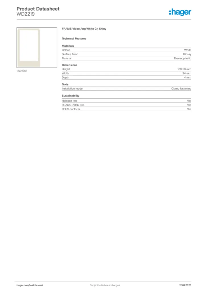 Image Hager Product data sheet WD2219  | Hager