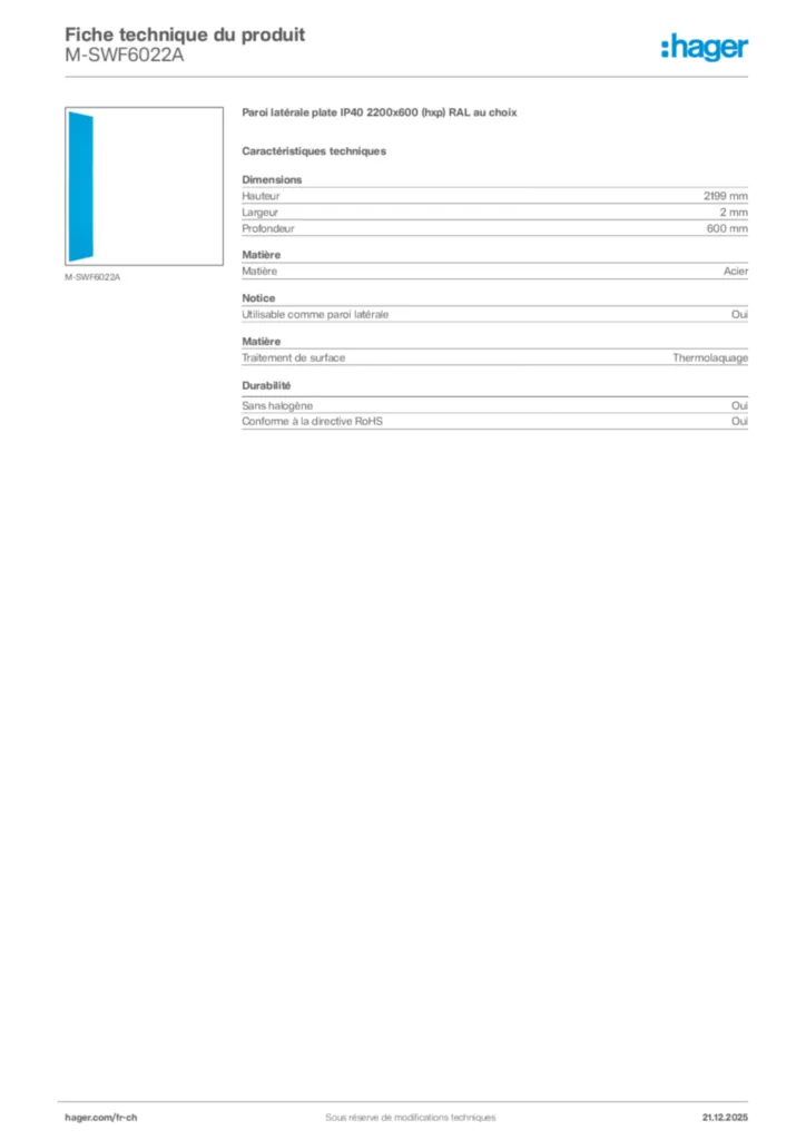 Image Hager Fiche technique du produit M-SWF6022A | Hager Suisse