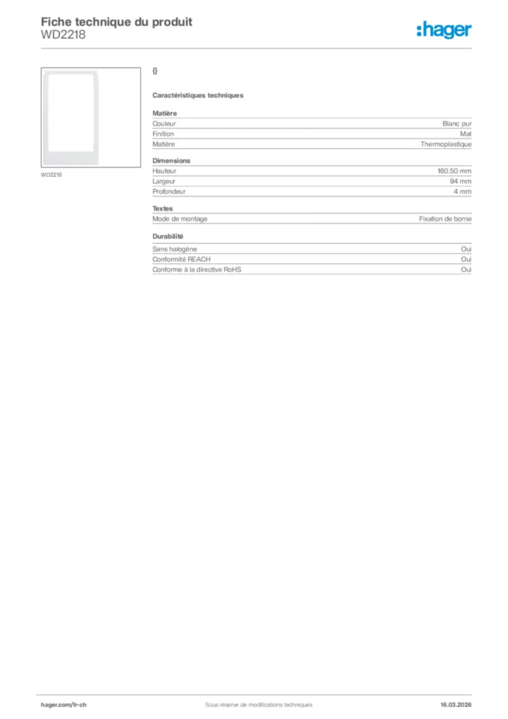 Image Hager Fiche technique du produit WD2218 | Hager Suisse