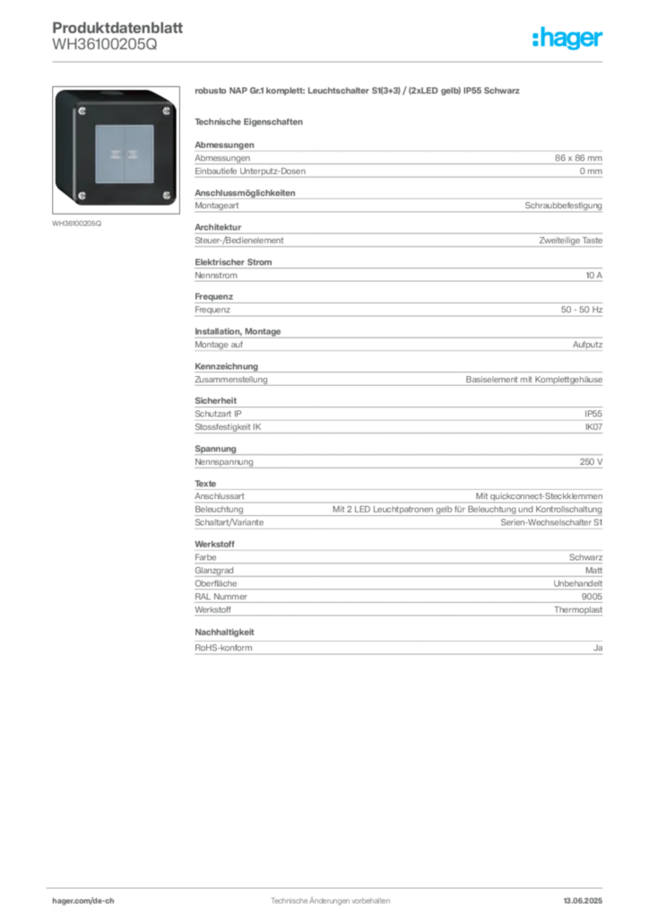 Bild Hager Produktdatenblatt WH36100205Q | Hager Schweiz