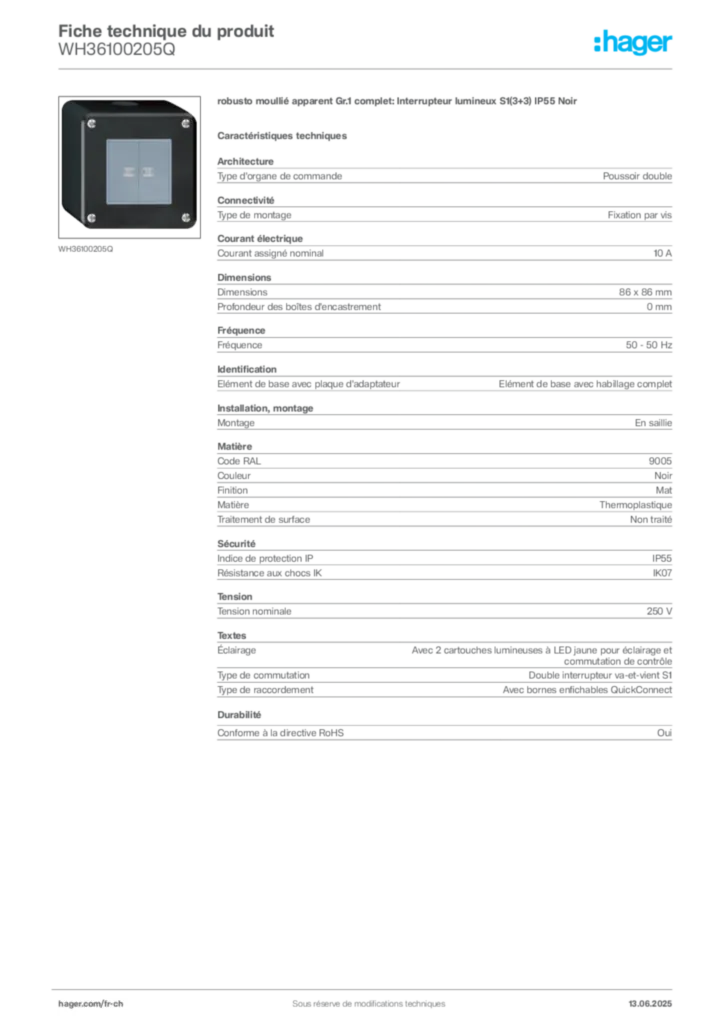Image Hager Fiche technique du produit WH36100205Q | Hager Suisse