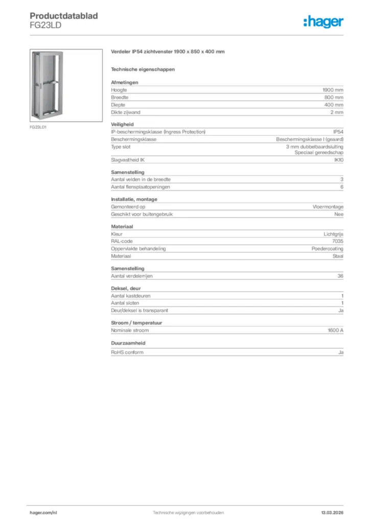 Afbeelding Hager Productdatablad FG23LD | Hager Nederland