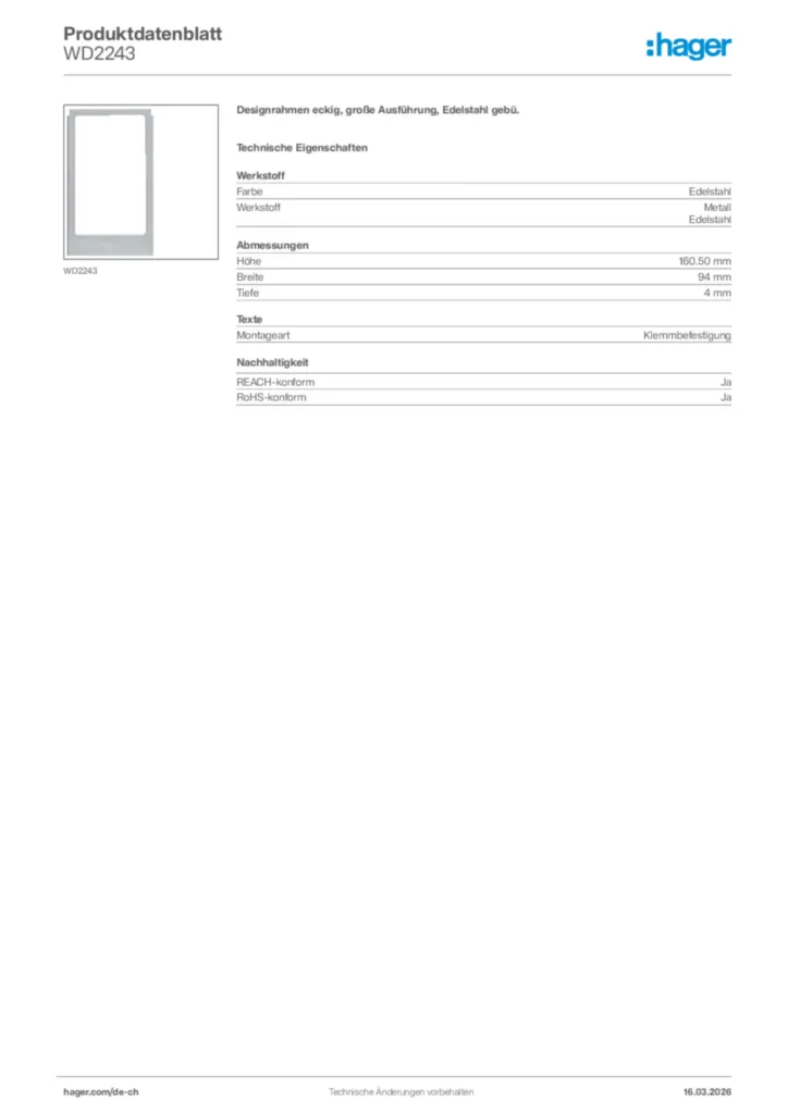 Bild Hager Produktdatenblatt WD2243 | Hager Schweiz