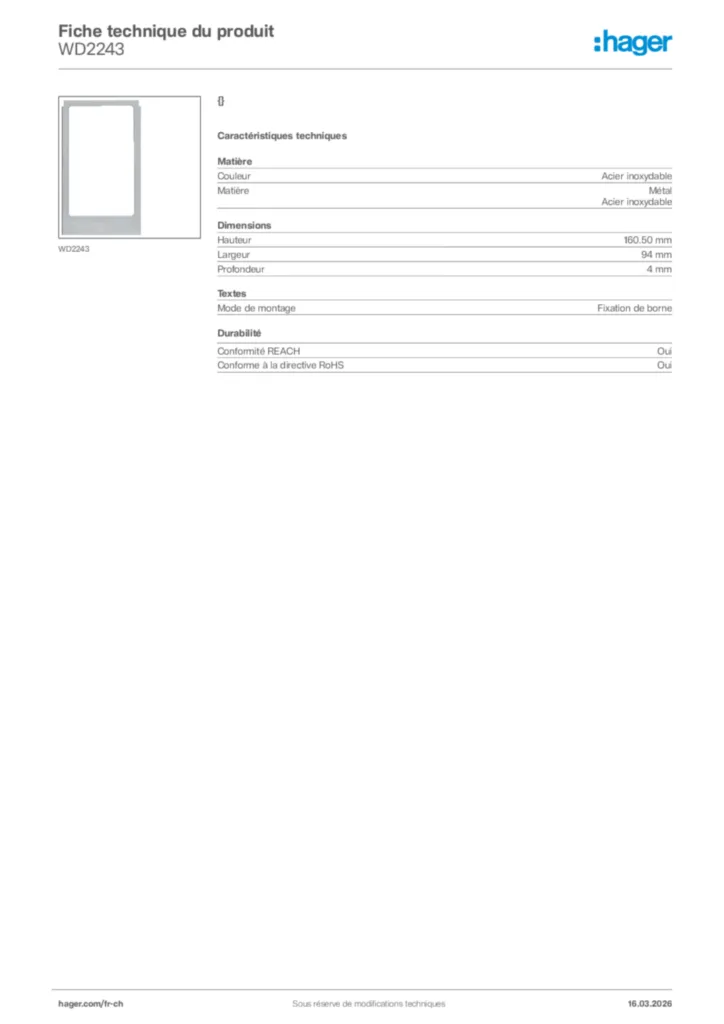 Image Hager Fiche technique du produit WD2243 | Hager Suisse