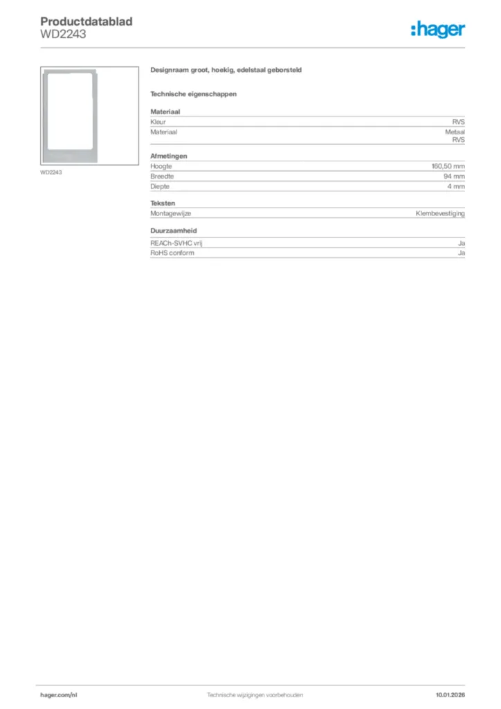 Afbeelding Hager Productdatablad WD2243 | Hager Nederland
