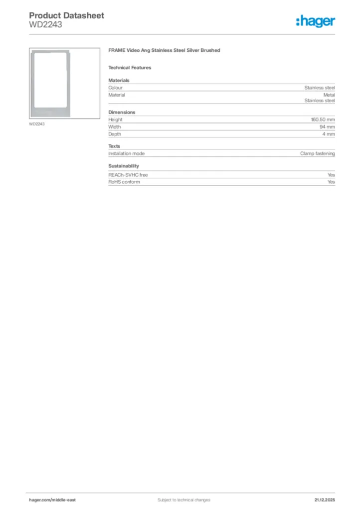 Image Hager Product data sheet WD2243  | Hager