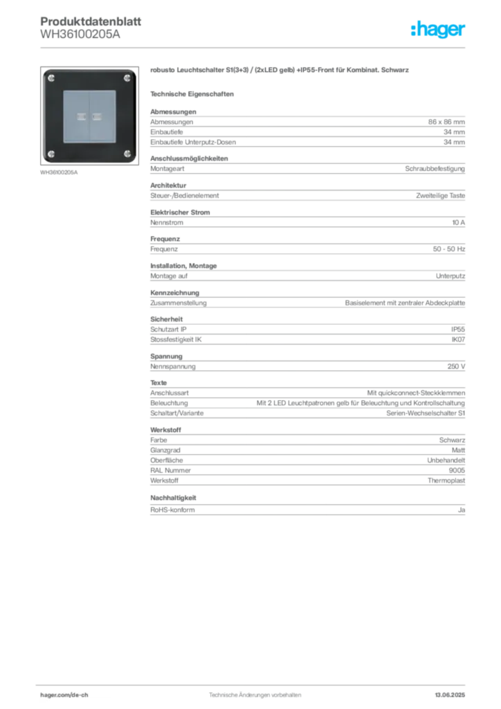 Bild Hager Produktdatenblatt WH36100205A | Hager Schweiz
