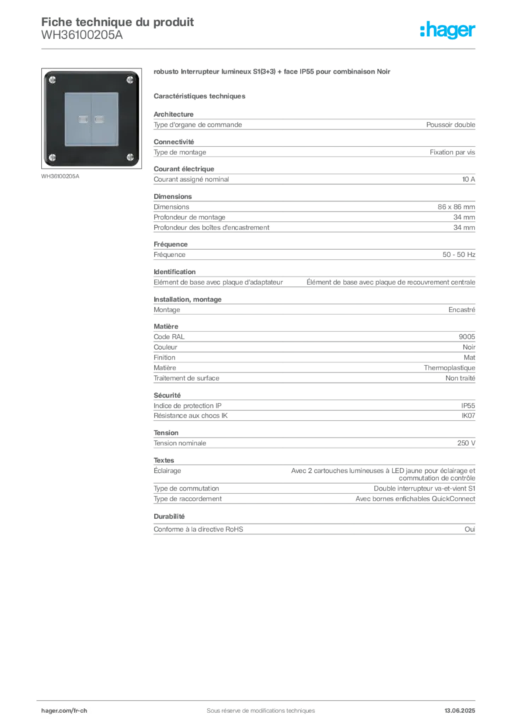 Image Hager Fiche technique du produit WH36100205A | Hager Suisse