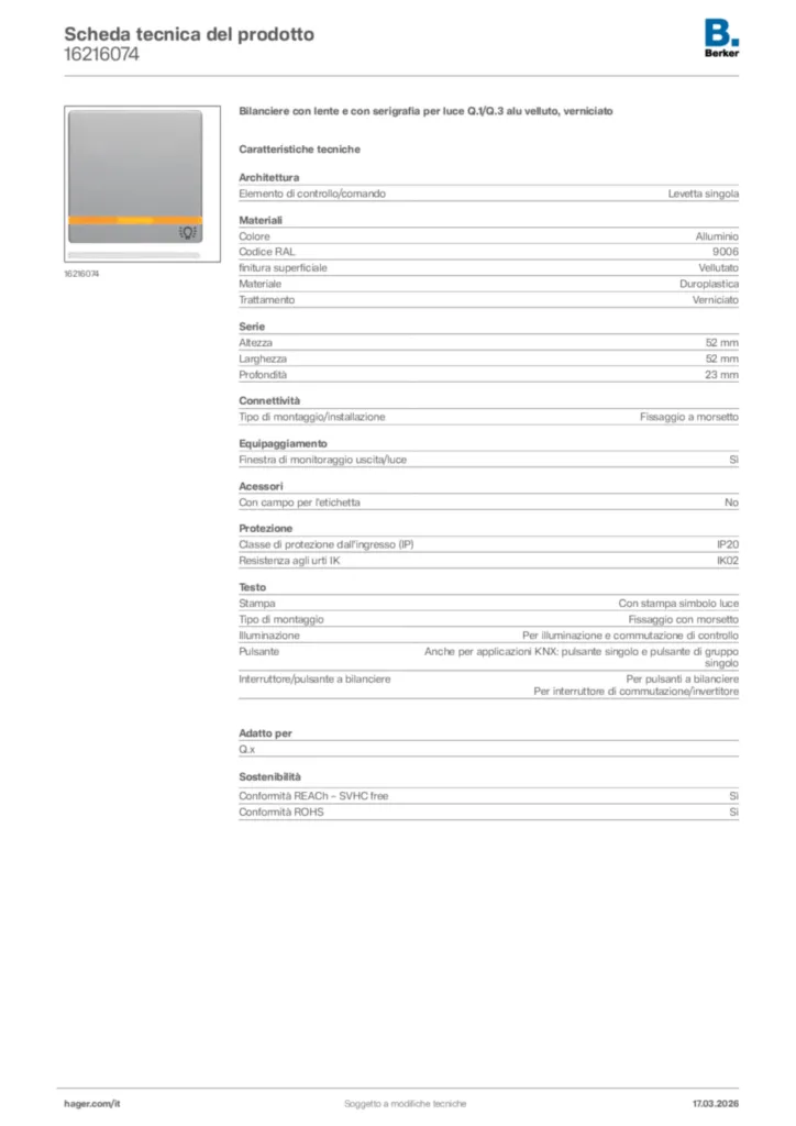 Immagine Berker Scheda tecnica del prodotto 16216074 | Hager Italia