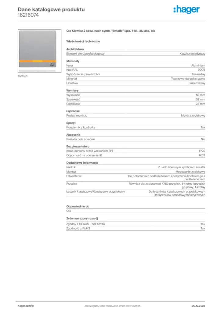 Zdjęcie Hager Dane katalogowe produktu 16216074 | Hager Polska