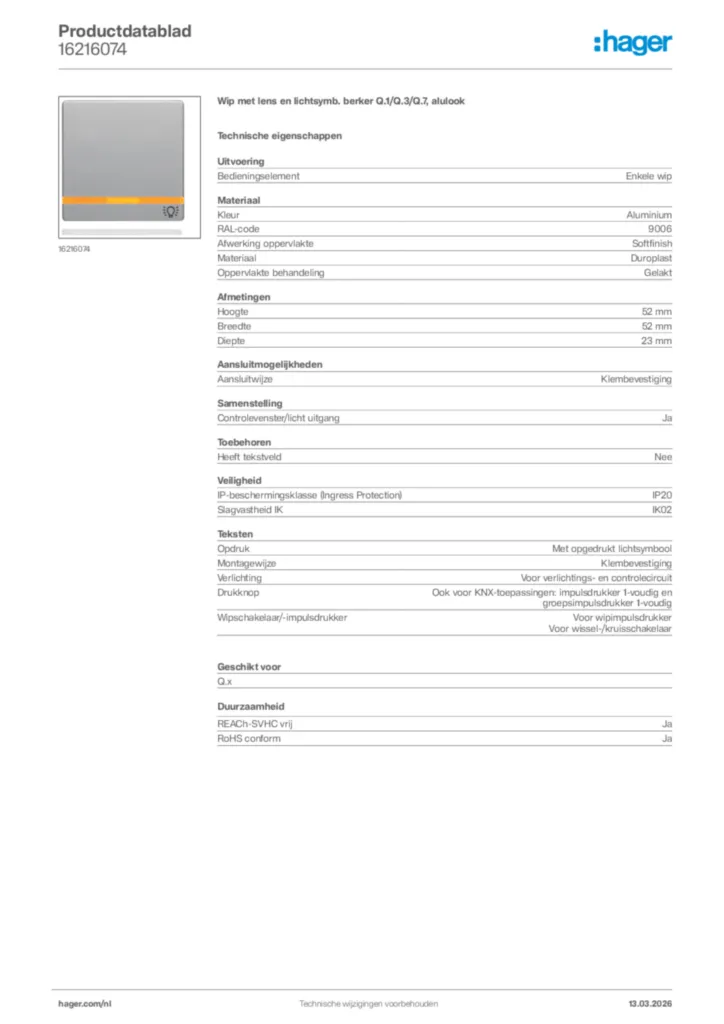 Afbeelding Hager Productdatablad 16216074 | Hager Nederland