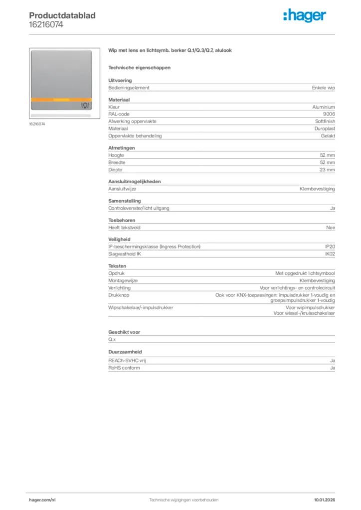 Afbeelding Hager Productdatablad 16216074 | Hager Nederland