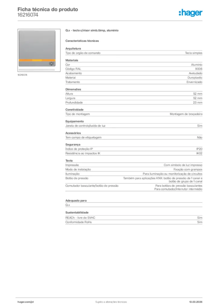 Imagem Hager Ficha técnica do produto 16216074 | Hager Portugal