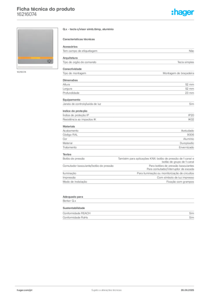 Imagem Hager Ficha técnica do produto 16216074 | Hager Portugal
