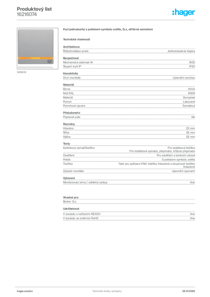 Obrázek Hager Produktový list 16216074 | Hager