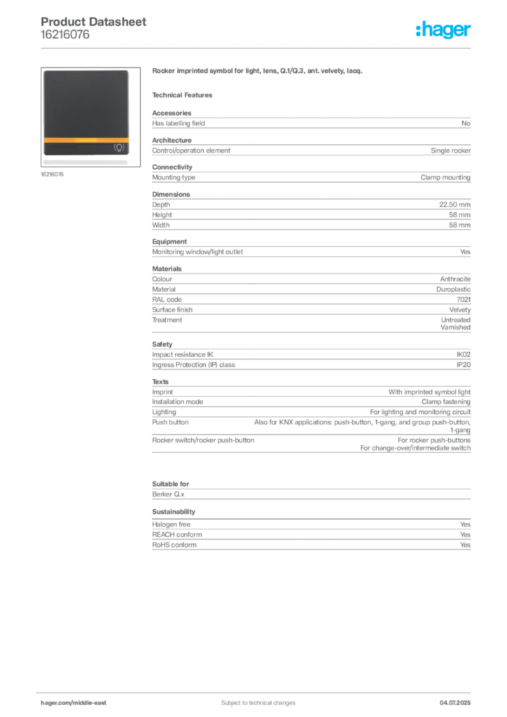 Image Hager Product data sheet 16216076  | Hager