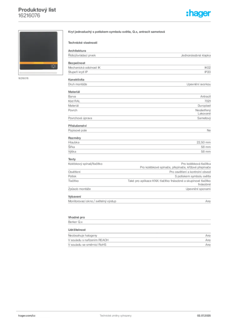 Obrázek Hager Produktový list 16216076 | Hager