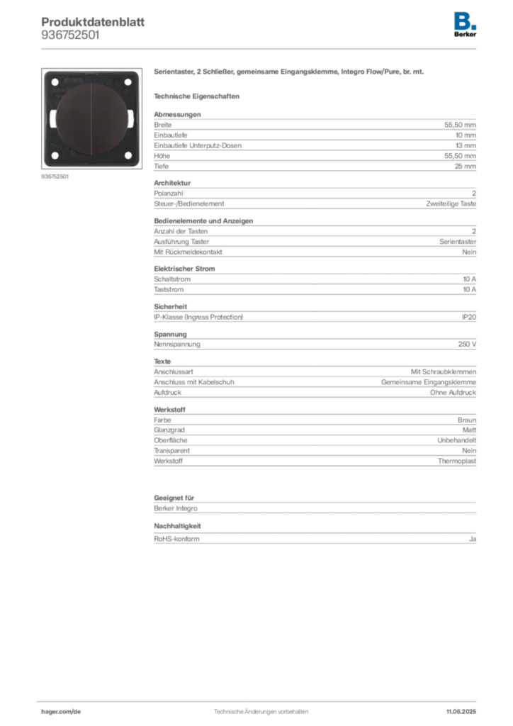 Bild Berker Produktdatenblatt 936752501 | Hager Deutschland