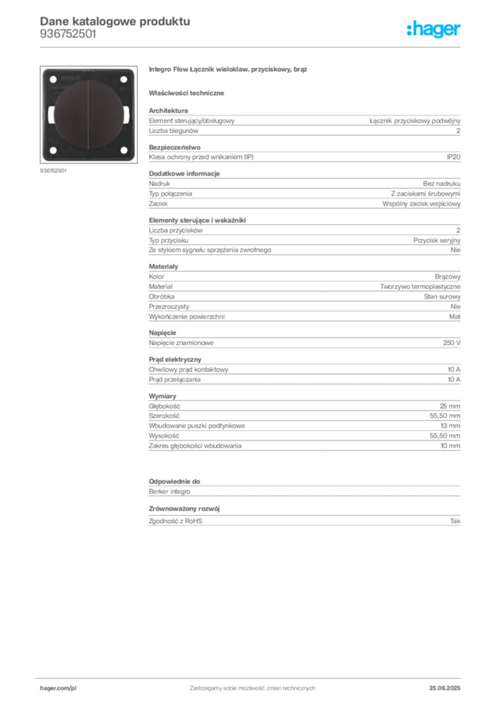 Zdjęcie Hager Dane katalogowe produktu 936752501 | Hager Polska