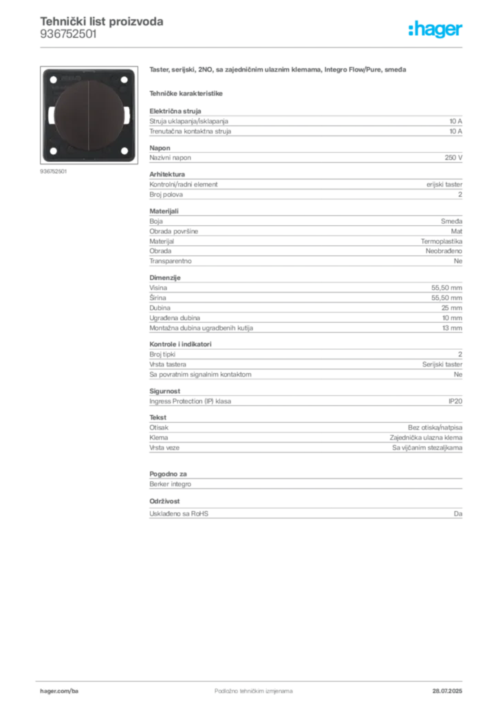 Slika Hager Product data sheet 936752501  | Hager