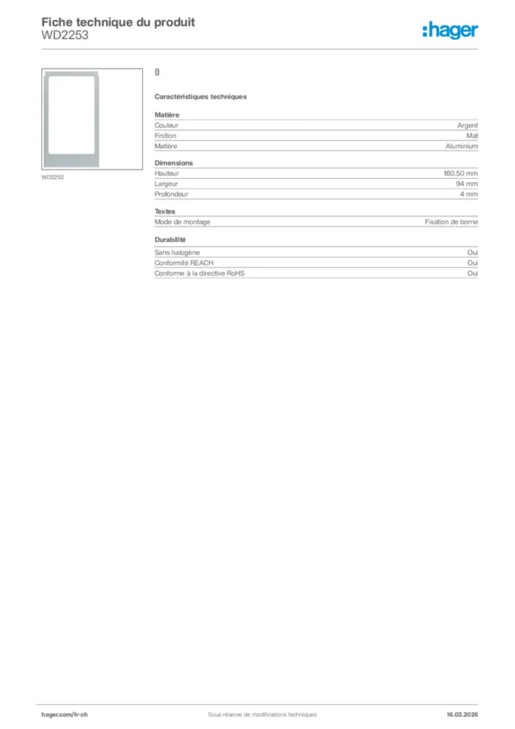 Image Hager Fiche technique du produit WD2253 | Hager Suisse