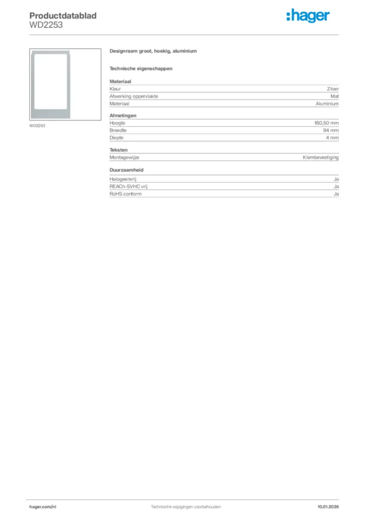 Afbeelding Hager Productdatablad WD2253 | Hager Nederland