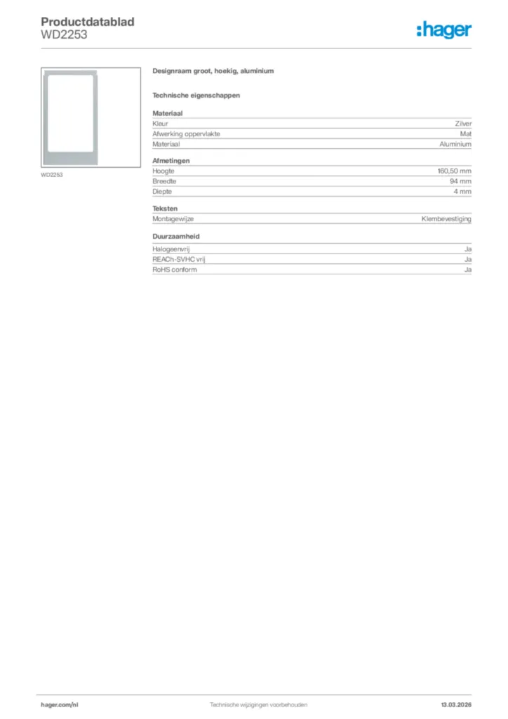 Afbeelding Hager Productdatablad WD2253 | Hager Nederland