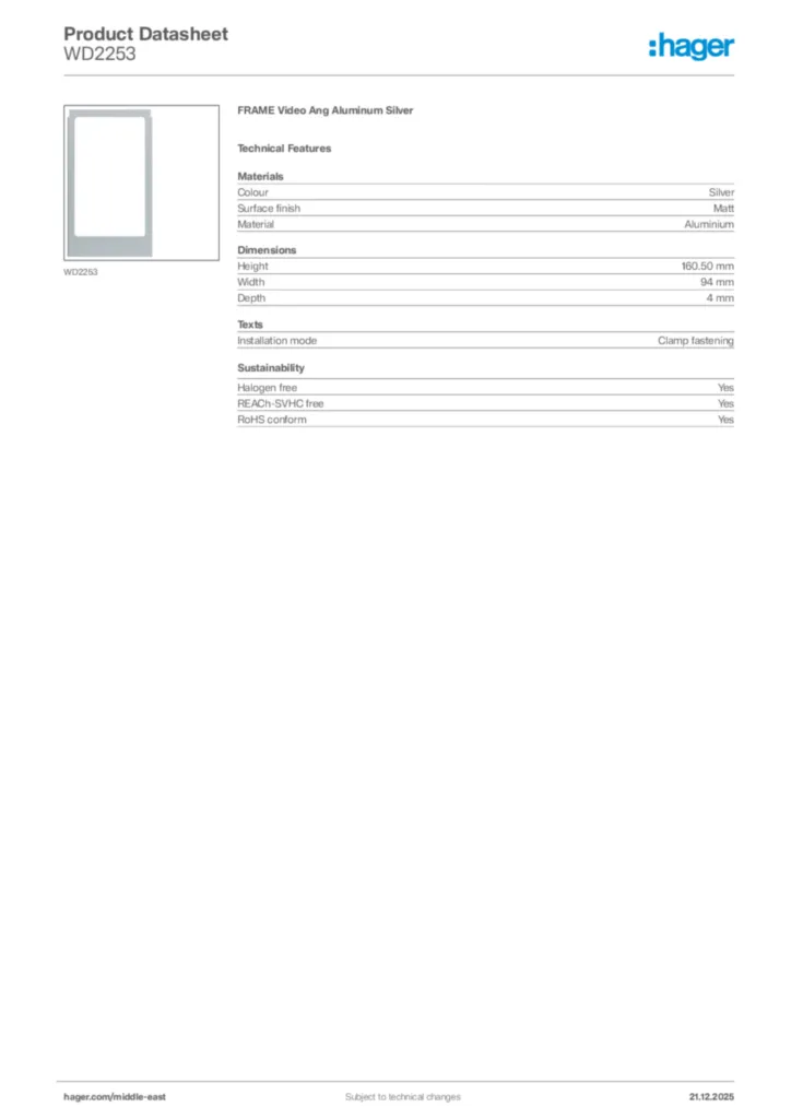 Image Hager Product data sheet WD2253  | Hager