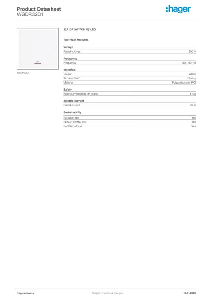 Image Hager Product data sheet WGDR32D1  | Hager