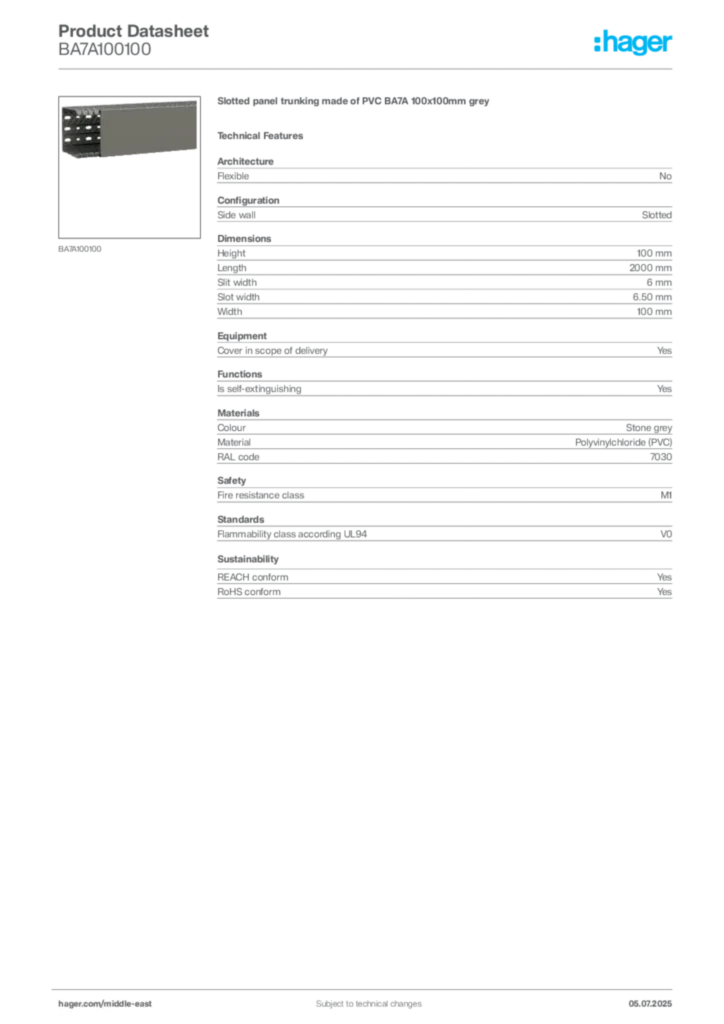 Image Hager Product data sheet BA7A100100  | Hager