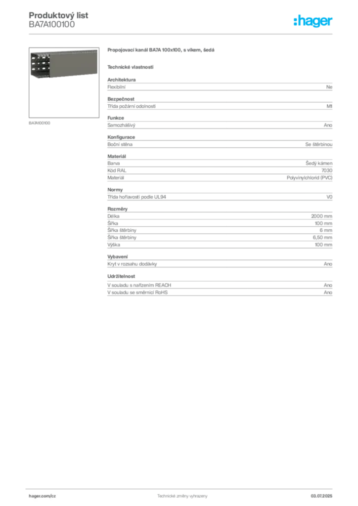 Obrázek Hager Produktový list BA7A100100 | Hager