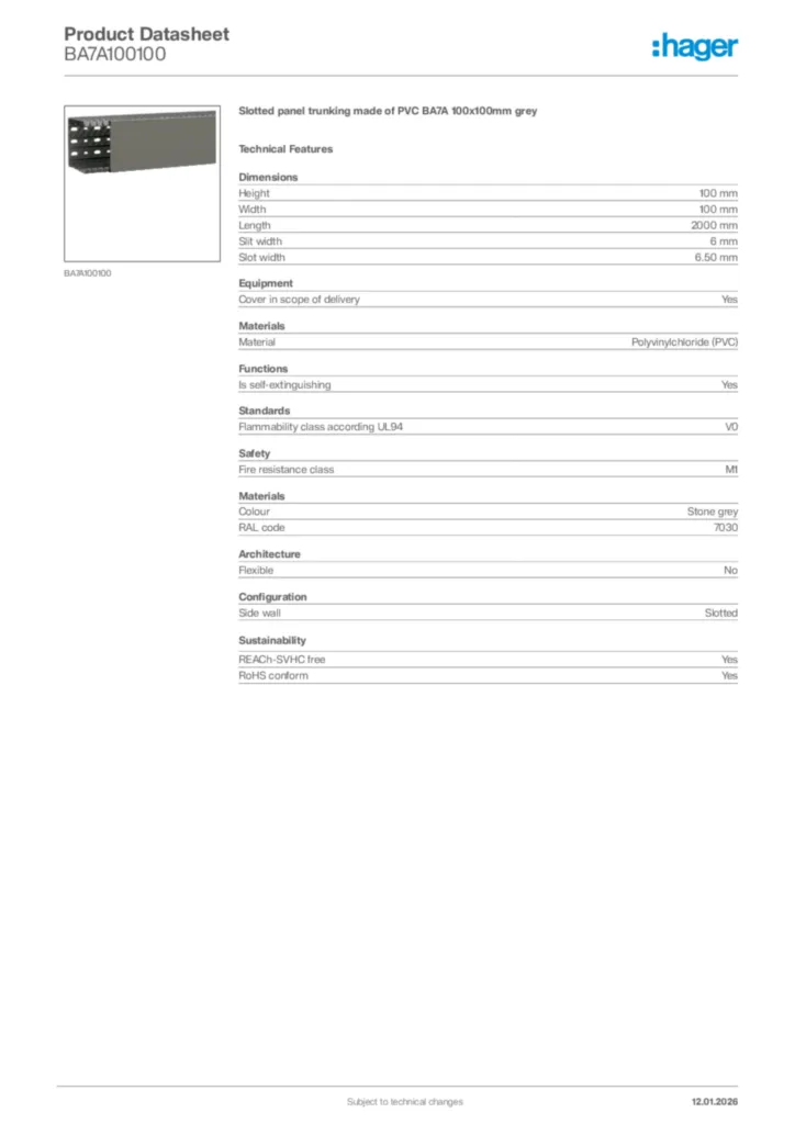 Image Hager Product data sheet BA7A100100  | Hager
